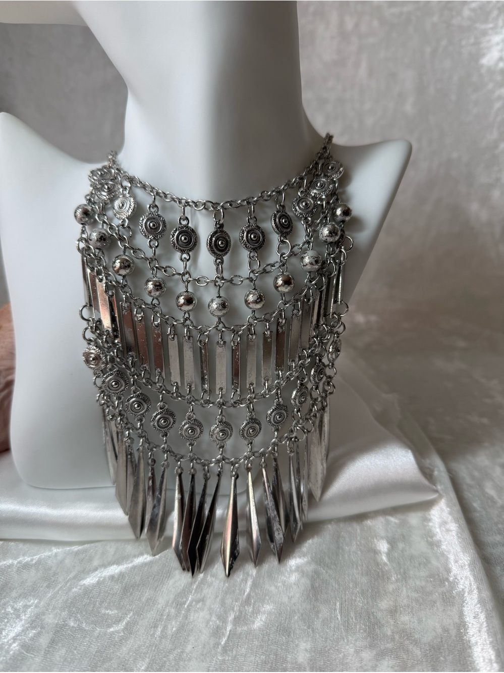 Silver Fringe Statement Necklace Boho Layered Festival Bib Necklace Bold